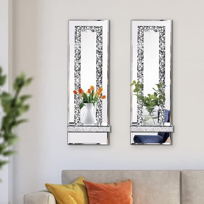 Mirrored Wall Candle Sconces Holder Set of 2, Wall Decor Living Room | Crystal Crushed Diamond Silver Wall Decorations, Ideal for Entryway, Hallway, Bedroom, Dining Room