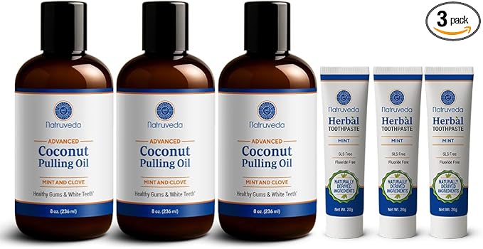 Natruveda Coconut Oil Pulling Mouthwash – 3 Pack, 8 oz Each, Cocomint Flavor, Organic Ayurvedic Oral Rinse, Natural Mouthwash for Teeth and Gums, Coconut Pulling Oil for Daily Oil Pulling