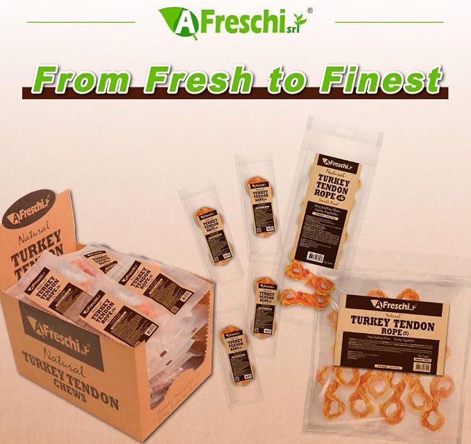 A Freschi srl Turkey Tendons for Dogs, USA-Sourced Human Grade, Rawhide-Free Long-Lasting Puppy Chews, All Natural Hypoallergenic Dog Treats for Small Breeds, Rope (S), 6 Count Pack