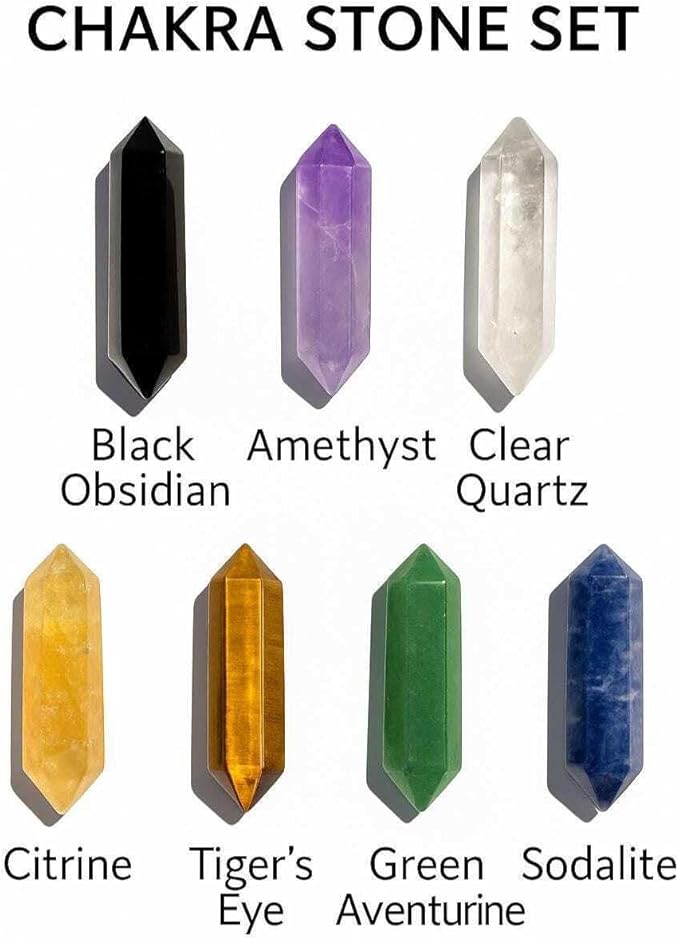 Chakra Crystal Healing Set: Selenite Flower of Life Plate & 7 Double Terminated Points