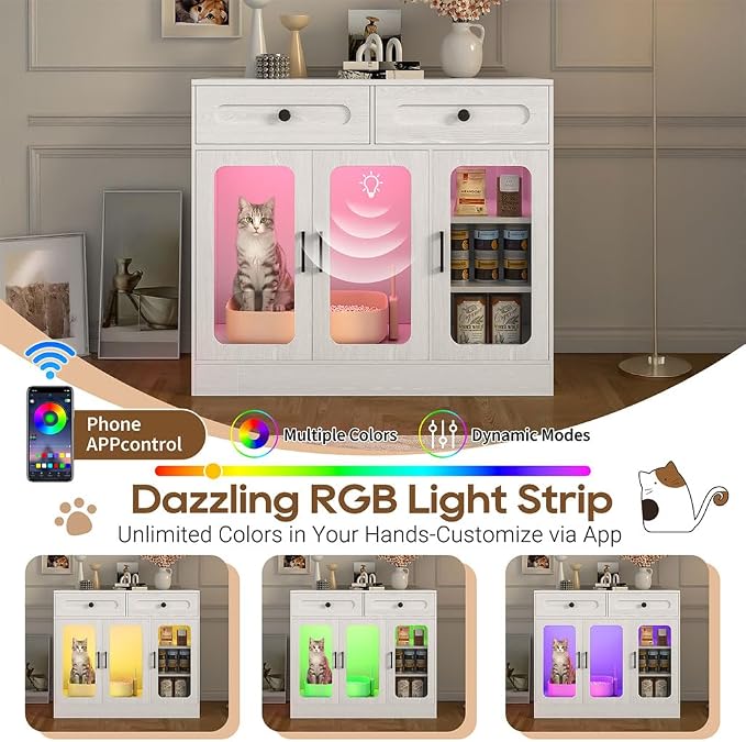 Cat Litter Box Enclosure Furniture with Glass Doors & LED Light, Large Hidden Litter Box Cabinet with Drawers and Adjustable Shelf, Modern Cat Litter Box Cover Side Entry for Living Room Bedroom,White