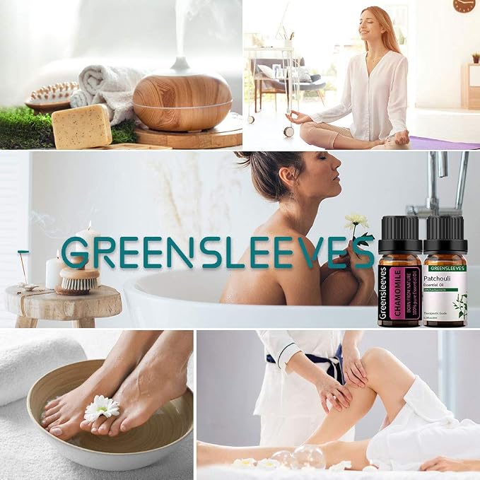GREENSLEEVES Patchouli Chamomile Essential Oil Set, 2 x 10ml Pure Plant-Based Fragrance Oil for Aromatherapy, Essential Oils for Diffuser, Massage, Bath Bomb, Scented Candle Soap Making