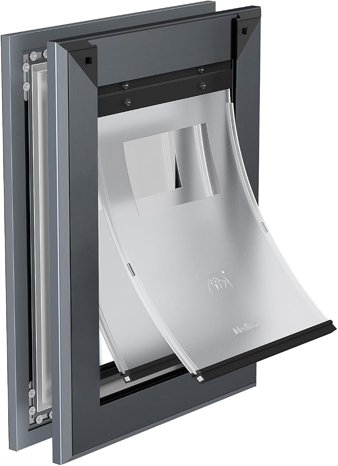 MAVRICFLEX Heavy Duty Aluminum Doggy Door for Door, Medium, Dark Gray | Doggie Door with 2 Sliding Lock Panels & Magnetic Double Flaps, Energy Efficient Design for Medium Dogs Up to 40 LBS