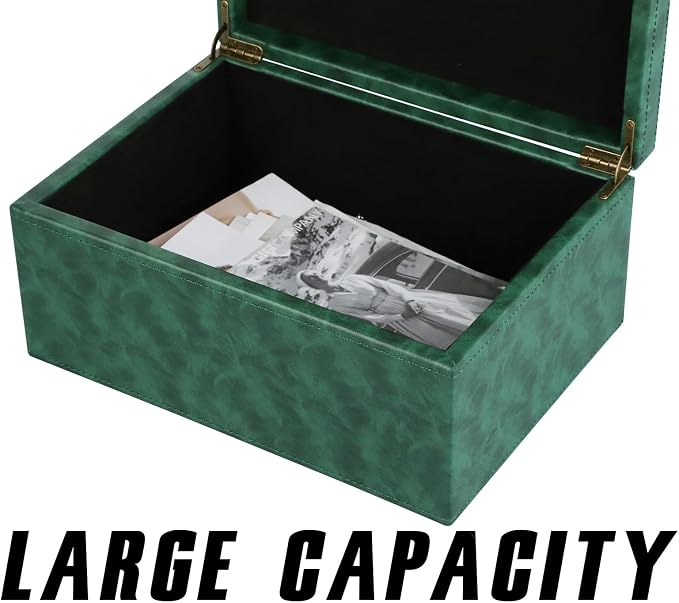 HofferRuffer Faux Leather Decorative Box, Large Wooden Structure Keepsake Box Accessory Organizer Jewelry Organizer with Hinged Lid, Storage Container for Home or Office (Dark Green)