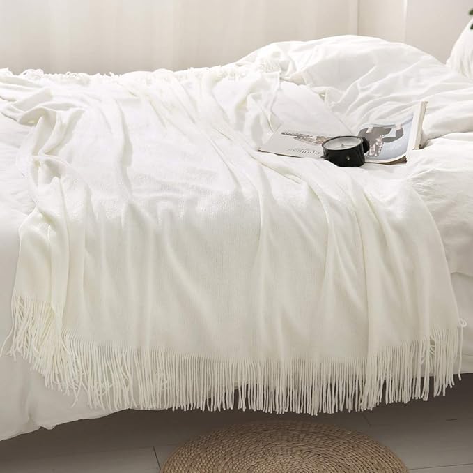 Homiest Ivory Knitted Throw Blanket with Fringe, 50x60 Inch | Pure Acrylic, Lightweight & Breathable, All-Season Use, Machine Washable, Wrinkle & Fade Resistant, for Couch Sofa And Bed