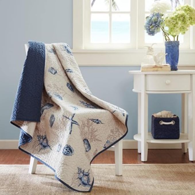 Madison Park Bayside Luxury Oversized Quilted Throw Ivory Navy Blue 60x70 Coastal Premium Soft Cozy Microfiber For Bed, Couch or Sofa | Lightweight, Machine Washable, Easy Care, Breathable, Warm, Durable, Modern, Casual