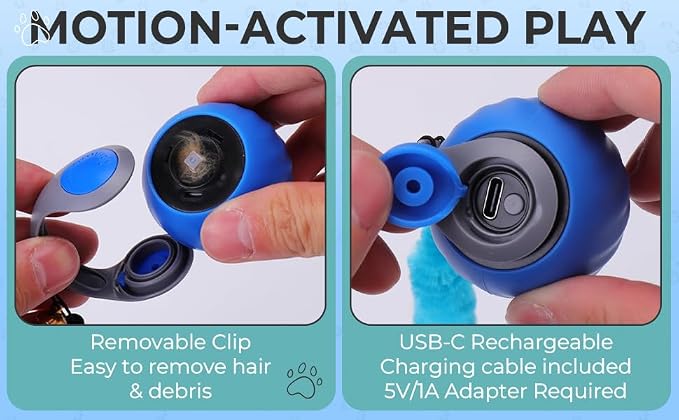Interactive Cat Toy Ball - Motion-Activated, USB Rechargeable Cat Toys for Indoor Cats with Anti-Scratch Cover & 2 Changeable Tails - Enrichment Toy for Active Cats & Kittens