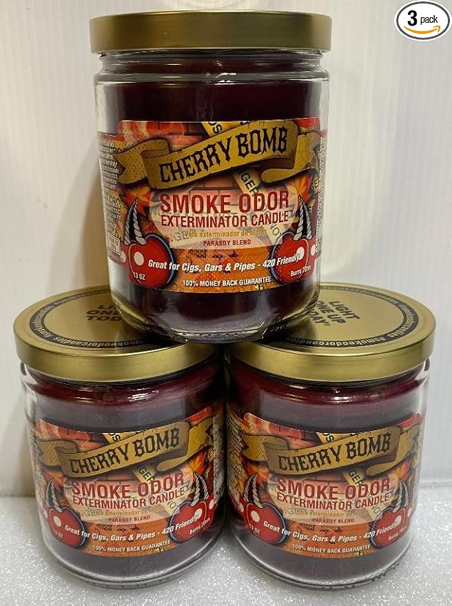 Smoke Odor Exterminator 13oz Jar Candle, Cherry Bomb Three Pack.