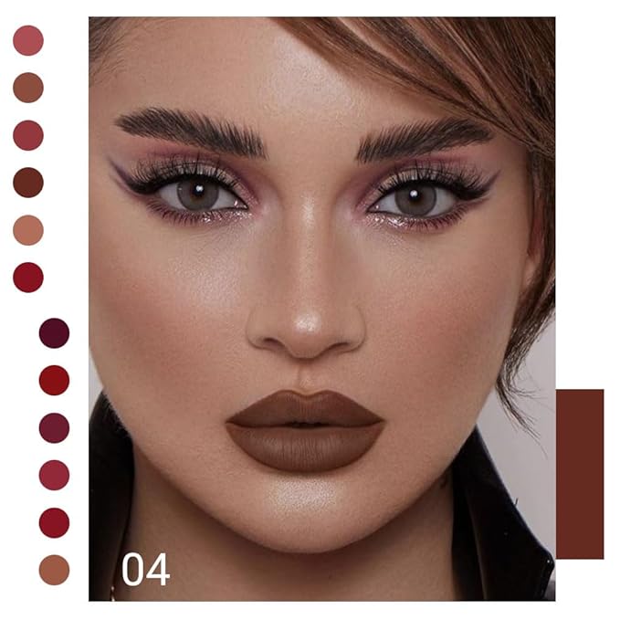 evpct 1Pcs Dark Brown Matte Liquid Lipstick Lip Gloss Glossy Set for Black Women 24 Hour Silky Velvet Lipstick 04#