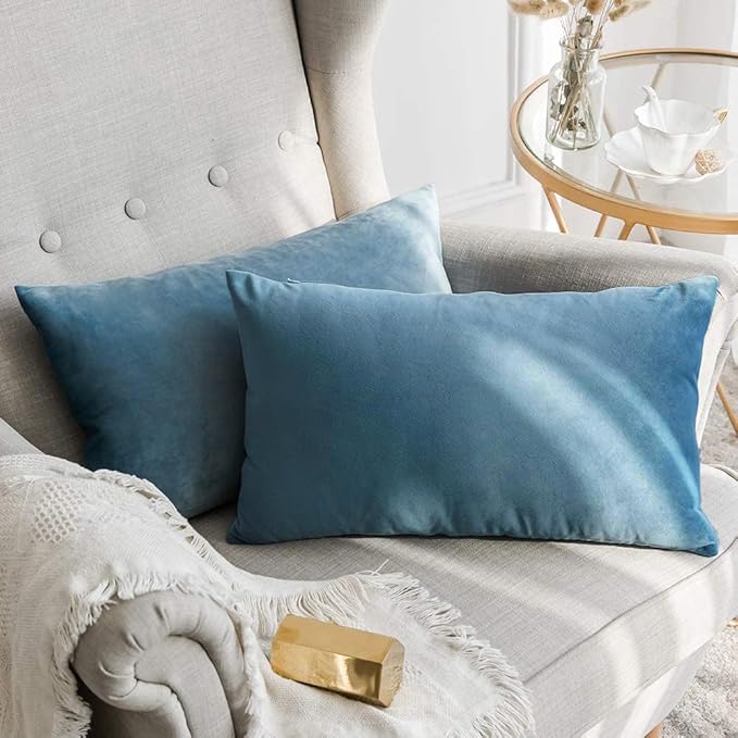 MIULEE 12x20 Inch Lumbar Velvet Throw Pillow Covers Blue Gray | Pack of 2 Soft Solid Decorative Pillow Covers, Modern Luxury Home Decor, for Chair Couch Sofa Bedroom Livingroom