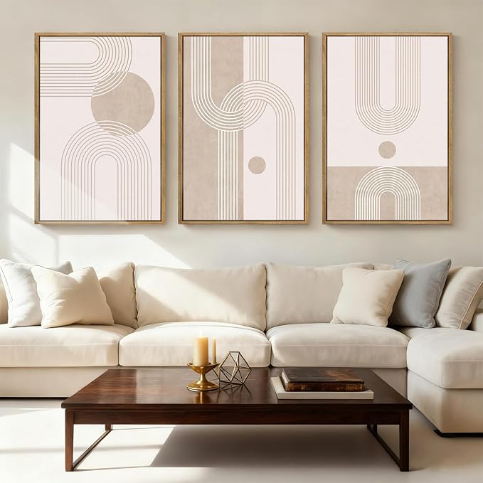 ANHUIB Extra Large Neutral Boho Abstract Canvas Wall Art Set of 3 Framed Mid Century Modern Wall Decor Beige Geometric Line Artwork Minimalist Prints 24x36 Inch Painting for Living Room Bedroom Dining Room Office