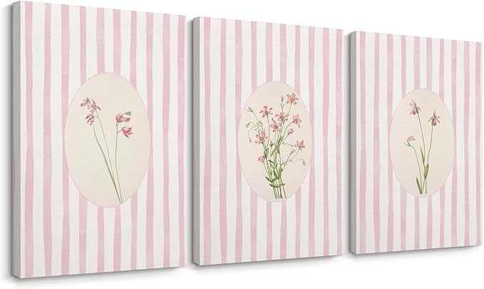 Pink Flower Wall Art Striped Floral Prints Botanical Canvas Wall Decor Aesthetic Pictures Pastel Pink Floral Poster Minimalist Flower Painting for Girl Room 12x16 Inch Wrapped Canvas Set of 3
