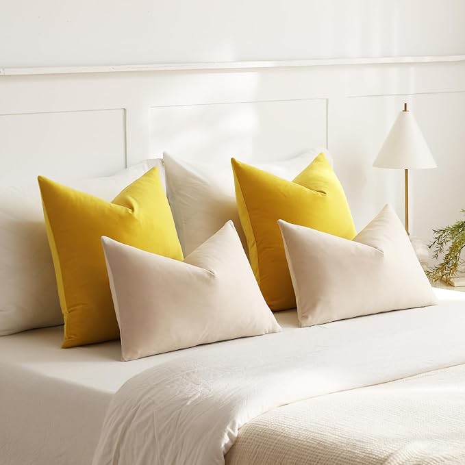 Throw Pillow Covers 16x16 Yellow: Pack of 2 Cozy Soft Velvet Square Modern Luxury Decorative Throw Pillow Cases for Sofa Couch Living Room Bed Home Decor