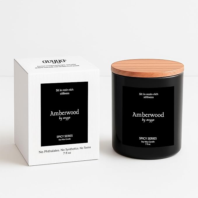 Spicy Series Soy Candle | 100% Natural Soy Wax, Essential Oil Aromatherapy | Eco-Friendly Wooden Wick and Reusable Jar | Carbon-Free | Handmade Gift Candle (Amberwood)