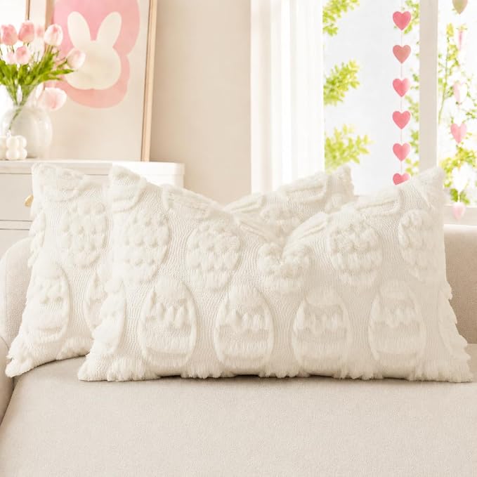 decorUhome Cream White Faux Fur Egg Throw Pillow Covers 12x20 Set of 2 | Plush Soft Wool Jacquard Cream White Cushion Covers, Modern Farmhouse Easter Holiday Decor Pillow Covers for Couch Sofa Bed