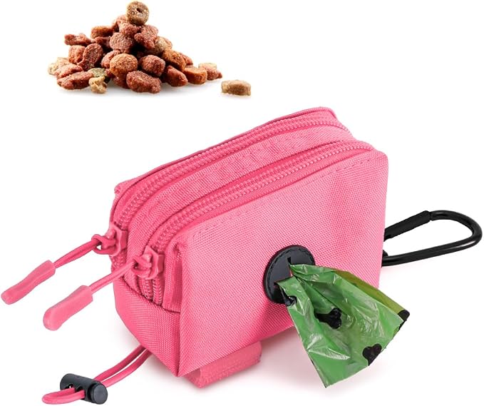 Dog Poop Bag Holder for Leashes, Pink Doggie Waste Bag Dispenser and Treat Holder, with Carabiner Hook and Poop Bag Clip, Used Waterproof Wear-Resistant Fabric and 2 Zippered Pouches for Walking