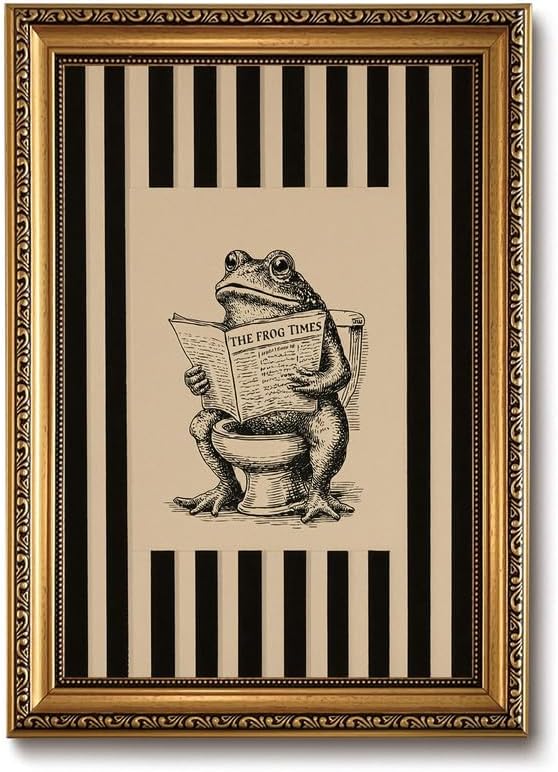 Funny Bathroom Wall Decor Art Vintage Whimsical Frog Gold Framed Wall Art | Black Beige Striped Picture Canvas Art Humour Animal Small Framed Prints Artwork For Vanity Restroom Toilet Powder Room