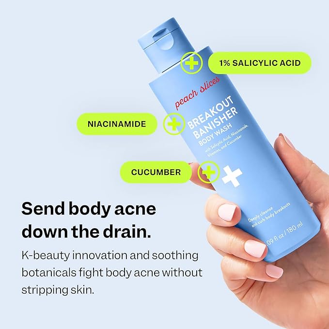 Peach Slices - Breakout Banisher Body Wash (6.09 oz) - 1% Salicylic Acid & Glycolic Acid - Clear & Prevent Body Breakouts - Niacinamide & Cucumber - Vegan, Cruelty Free, Korean Skin Care & Beauty