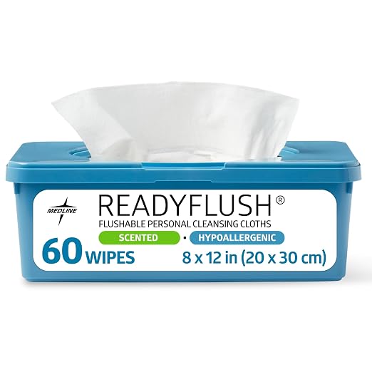 Medline ReadyFlush Flushable Wipes (60 Wipes per Tub), Scented, Biodegradable Flushable Incontinence Wet Wipes for Adults with Aloe, Hypoallergenic & pH-Balanced Personal Cleansing Cloths, 8" x 12"