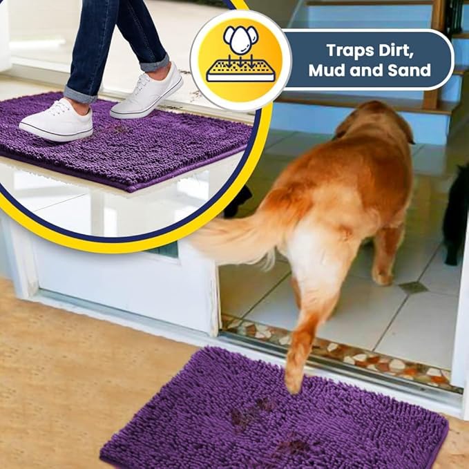 Muddy Mat® | Super Water Absorbent Door Mat Indoor, Microfiber Quick Dry Chenille Entryway Rug, Slip Resistant Front Door Mat, Indoor Mats for Entryway, Machine Washable Pet Rug, Purple 24" x 96"