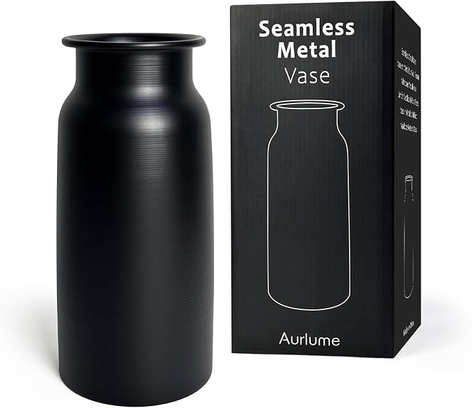 Black Seamless Wide Mouth Metal Flower Vase, 10.8" Modern Unique Home Decor Centerpiece Elegant Rose Cylinder Decorative Vases for Living Room Entry Table Office Desk Bathroom Shelf, Wedding Gift