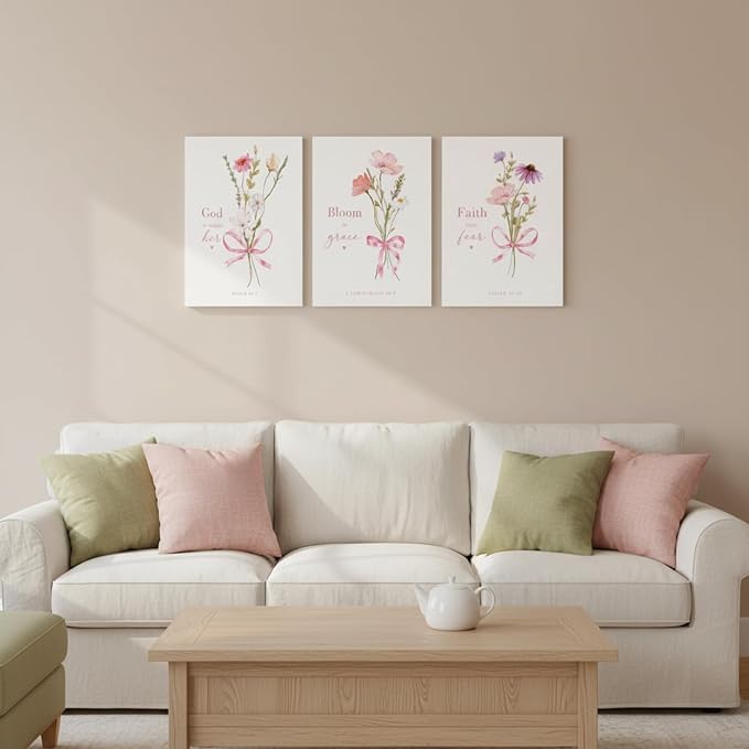 Baby Girl Nursery Wall Art Set of 3 Pink Bow Floral Canvas Prints, Christian Bible Verse Nursery Decor, Cute Flower Posters Pictures with Scripture for Girls Room Bedroom Framed 16x24 Inch