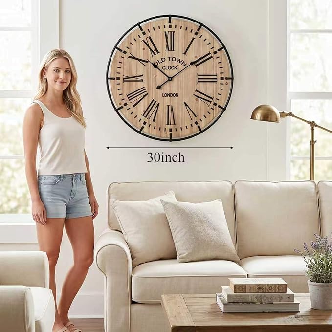 EMAX HOME 30 Inch Rustic Wall Clock, Warm Light Oak Wood Look with Black Iron Frame, Silent Sweep Movement, Clear Roman Numerals and Tick Marks, for Fireplace Mantel, Hallway, or Dining Room.