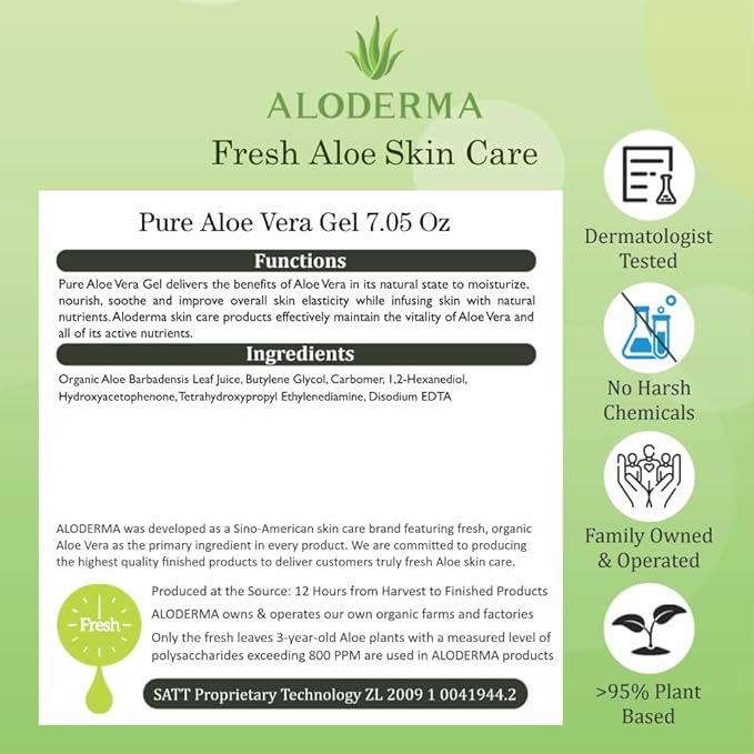 Aloderma Organic Aloe Vera Gel for Face Made within 12 Hours of Harvest, 96% Pure Aloe Vera Gel for Skin, Scalp, & Hair, Soothing Aloe Face Moisturizer, Multipurpose, Hydrating Aloe Gel, 7oz, 3-Pack