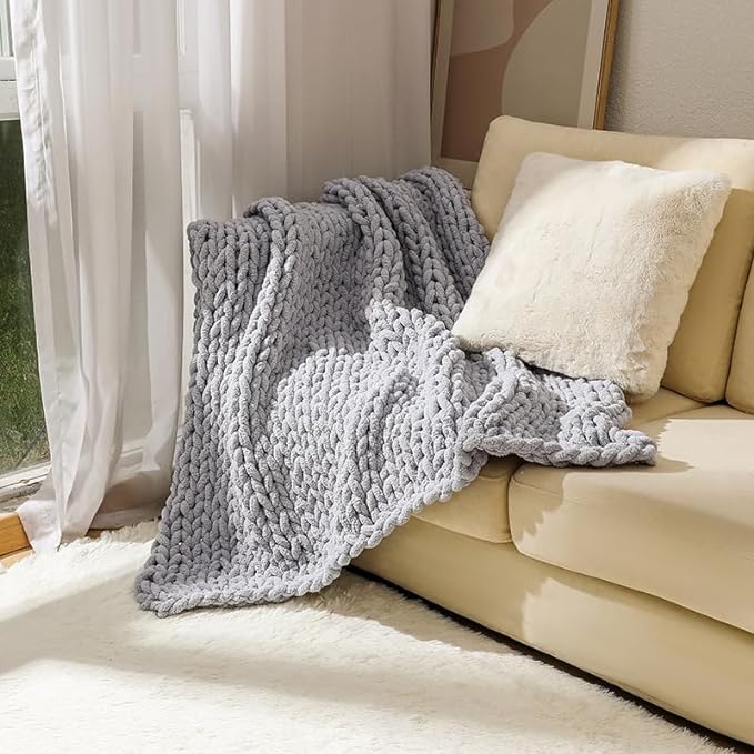Soft Chunky Knit Throw Blanket for Couch, Cozy Warm Knitted Blankets | Hand Knit with Jumbo Chenille, Lightweight Warm Fluffy Decor for Women, Mom, Her & Girls, Sofa, Chair, Bed, 40"×40" (Gray)