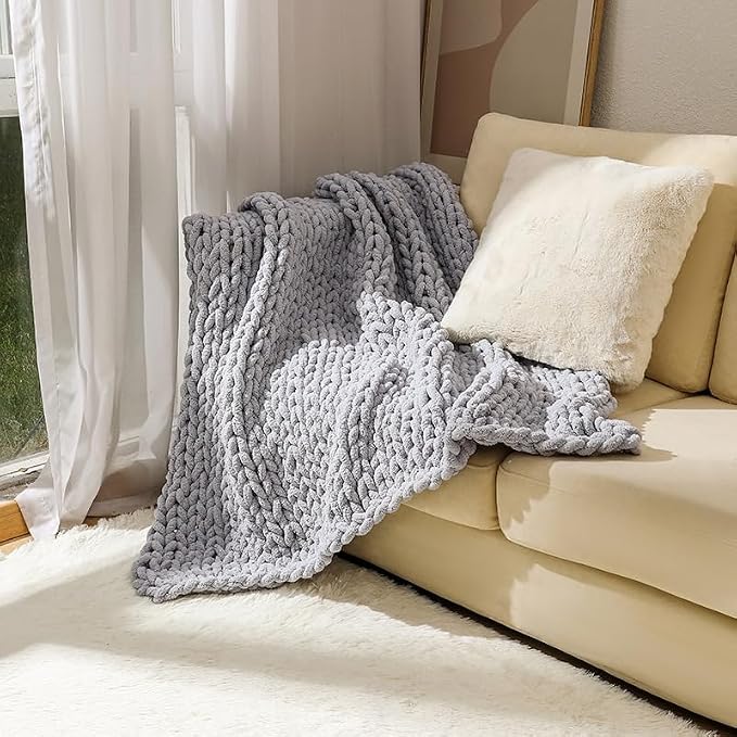 Soft Chunky Knit Throw Blanket for Couch, Cozy Warm Knitted Blankets | Hand Knit with Jumbo Chenille, Lightweight Warm Fluffy Decor for Women, Mom, Her & Girls, Sofa, Chair, Bed, 48"x71" (Gray)