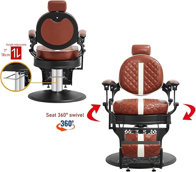 Kaleurrier Reclining Hair Salon Chair - Vintage Barber Chairs Height Adjustable for Stylist Barber Shop Home Haircut Tattoo Massage - Brown and White Quilted Leather