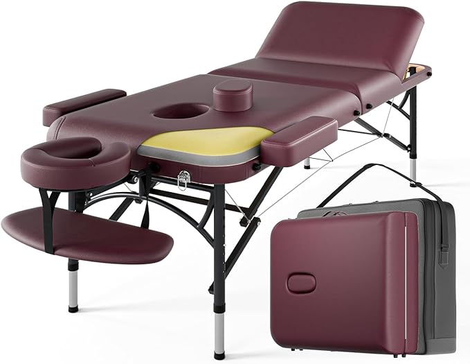 Professional Massage Table Portable 3 Fold Premium Memory Foam Aluminium Leg Hold Up to 1100LBS 8 Heights Adjustable with Carrying Bag Burgundy