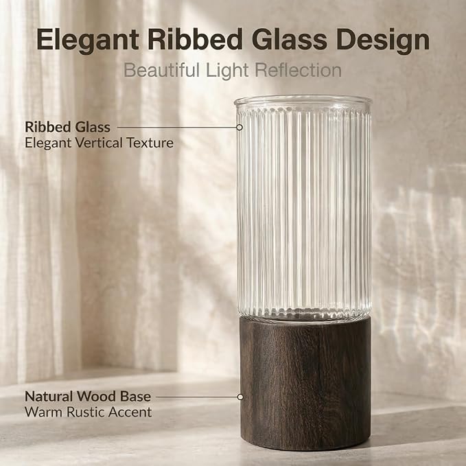 Ribbed Glass Flower Vase Set of 2 with Dark Wood Bases, 10 and 8 Inch Tall | Removable Glass Pieces, Wide-Opening Cylinder Vases for Bouquets, Fresh, Dried, Faux Stems, and Console, Shelf, Mantel Decor