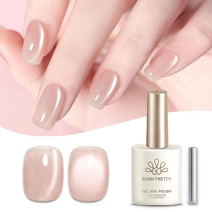 Born Pretty Glassy Nude Cat Magnetic Eye Gel Nail Polish,Glitter Nude Light Pink Jelly Translucent Magnetic Gel Polish,Soak Off U V Gels Nail Art Design Salon DIY Home 15ML