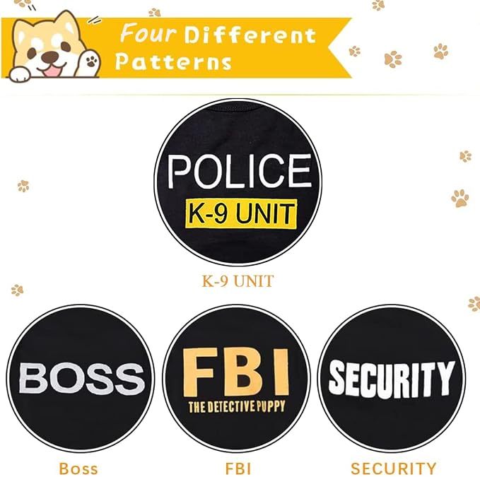 Dog Shirt 4 Pack Pet Clothes K9 Security Boss FBI Vest Costume for Cosplay | Soft Breathable Summer Apparel Funny Cotton Outfit 4 in 1 Sets for Daily Halloween Small Medium Dogs Cat Boy Girl (X-Large)