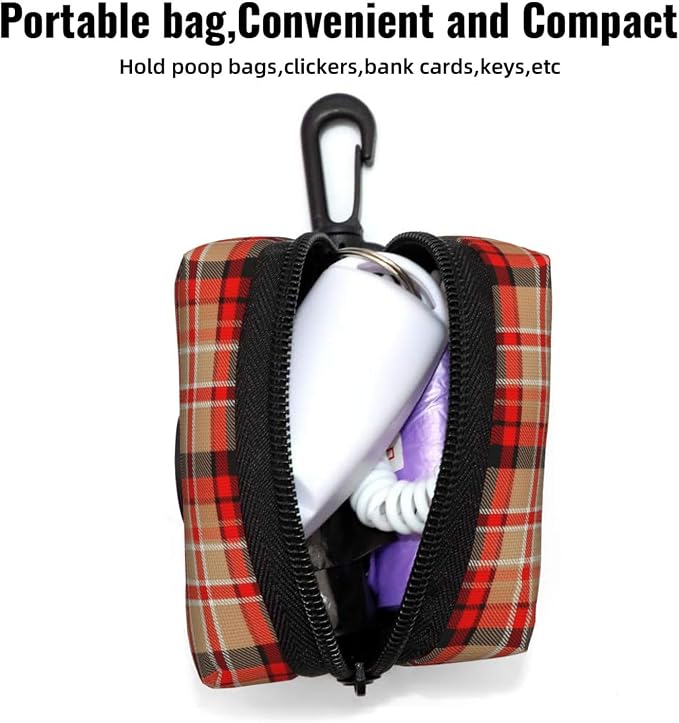 Dog Waste Bag Dispenser Pet Poop Bags Holder Zipper Red Beige Tartan Plaid Pattern Small Doggy Puppy Pouch for Leash Accessory