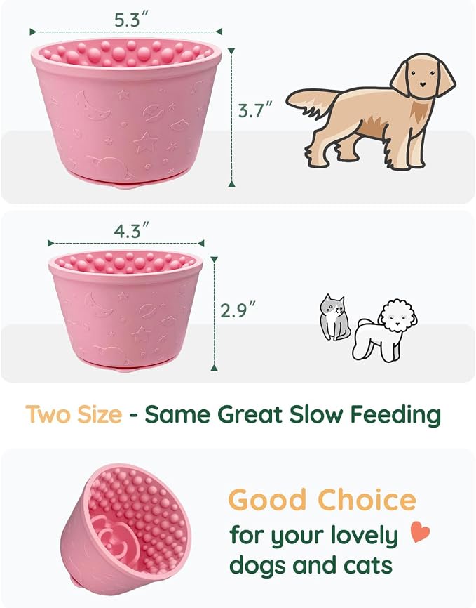 2-in-1 Licking Toy & Silicone Slow Feeder Bowls with Suction Cup - Non-Slip Mat for Bored Medium and Large Breed Dogs, Anxiety Relief, Anti-Choking (5.3" x 3.7", Pink)