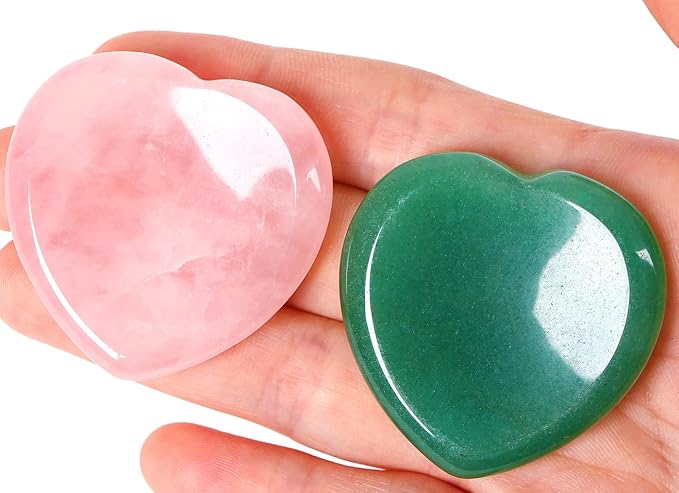 QINJIEJIE 2PCS Heart Crystal Thumb Worry Stone for Anxiety Rose Quartz Green Aventurine Crystals Palm Polished Gemstone Pocket Massage Heart Gem Anxiety Relief Item Meditation Gift for Women
