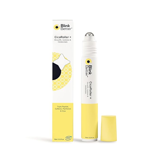 BlinkBetter CicaRoller+ Cooling Eye Roller Serum for Eyelids and Under Eyes – Refreshes, Revitalizes, Smooths & Hydrates Tired Eyes with 2.5% Caffeine, Peptides, Cica & Panthenol, 15 ml