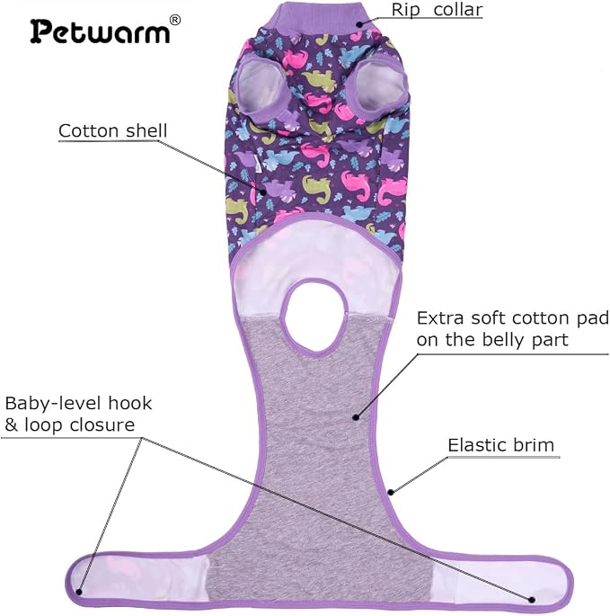 PetWarm Dog Post Surgery Suit Spay, Pet Recovery Suit for Dogs, Onesies for Dogs, Substitute E-Collar and Cone, Anti-Licking Dog Onesie for Surgery Female, Dinosaur Pattern, Purple, XS