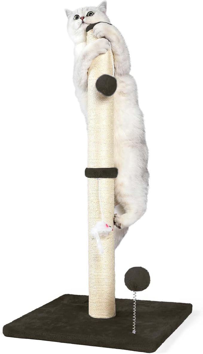 ANWA 32" Tall Sisal Cat Scratching Posts Tree for Indoor Cats Adults, Brown | Sisal Cat Scratcher, Small Space, Cat Post with Dangling Plush Toys for Indoor Cats, 15.7" Stable Base, Cat Furniture