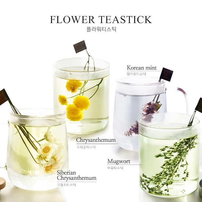 KKOKDAM Premium Flower Tea Stick Sampler with Wooden Tray - 5 Handcrafted Blooming Herbal Tea Variety Pack in Glass Tubes, Women & Mom Gift Box