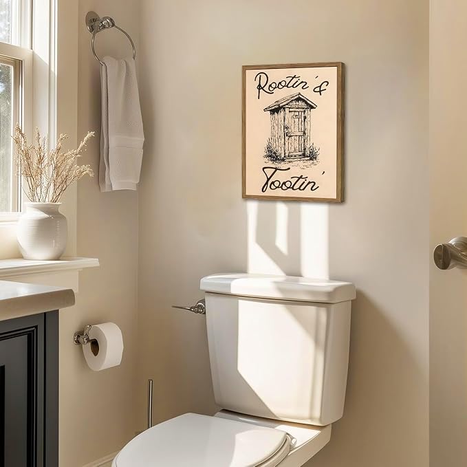 Cute Western Bathroom Wall Art Vintage Southwest Rustic Restroom Wall Decor Painting, Western Cowboy Ranch Toilet Rootin Tootin Poster Canvas Print Picture 16x24 inch Wood Framed