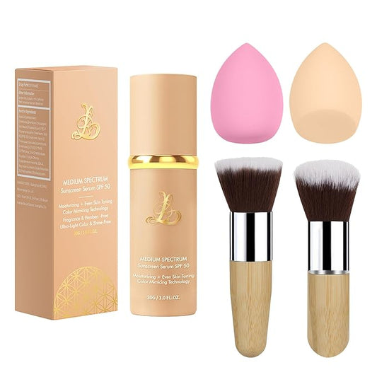 Match Foundation 4-in-1 with SPF 50 : Color Changing Foundation Medium Spectrum with 2 Brushes and 2 Cosmetics Sponge - Moisturizing & Concealer Face Makeup for All Skin Types