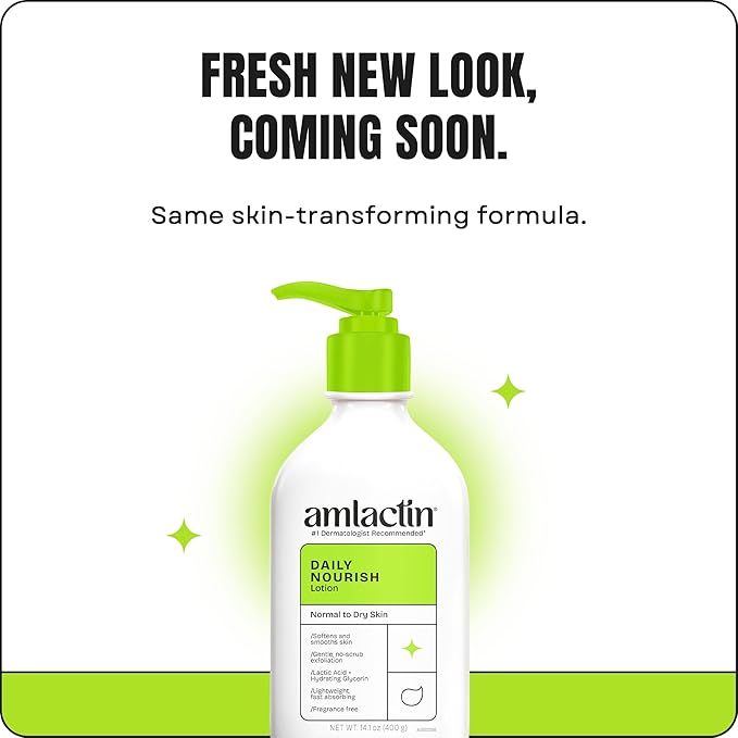 AmLactin Daily Nourish - Therapeutic Body Lotion for Dry Skin - No-Scrub Exfoliator and Moisturizer with 12% Lactic Acid AHA, 14.1 oz (Packaging May Vary)