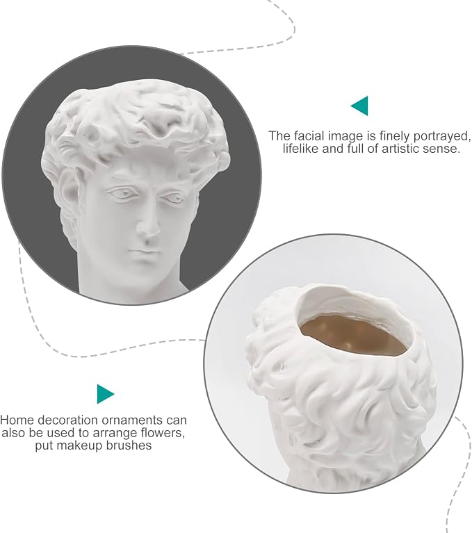 David Statue Greek Head Vase Bust Face Vase Head Retro Decor, Sculpture Brush Holder Bust, Makeup Brushes Container Pen Holder, 25CM