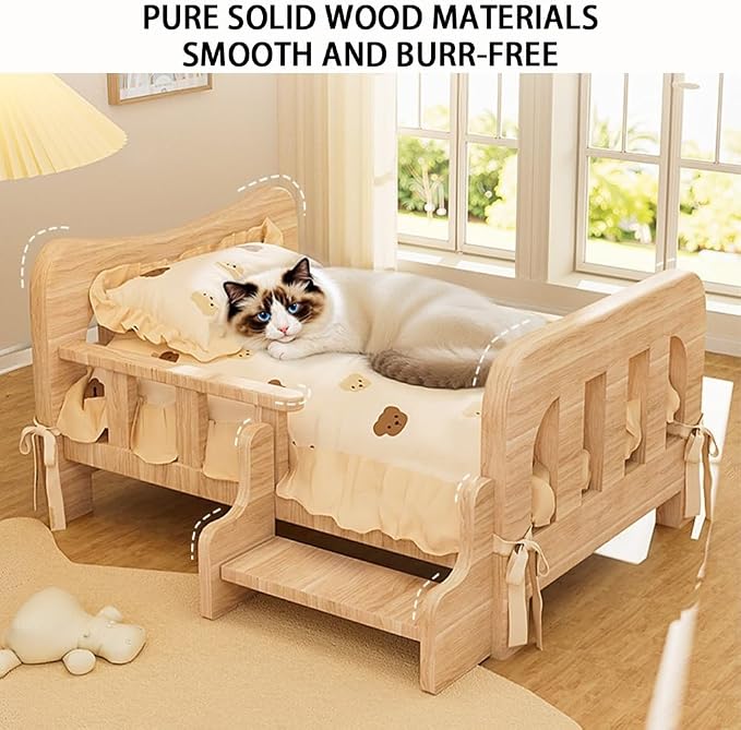 Wood Dog Bed, Floor Standing Pet Furniture with Winter Bedding and Stairs, Comfortable Resting Solution for Pets, Easy Assembly(22.8 X 16.5 X 11.8IN)