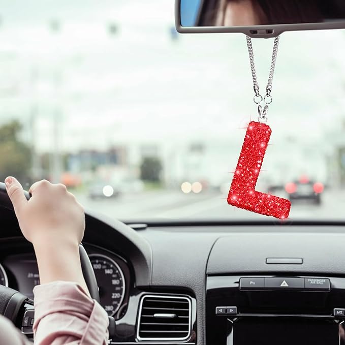 Bling Letter L Car Charm Pendant Letter Hanging Ornament for Rear View Mirror Decoration (Red, L)