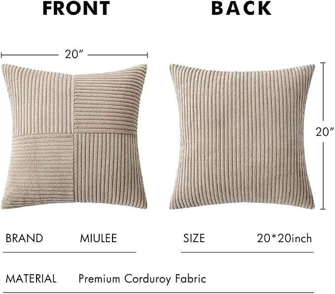 MIULEE Taupe Decorative Throw Pillow Covers for Couch 20x20 Inch | 2 Pack, Boho Farmhouse Pillow Covers, Soft Cross Corduroy Patchwork Textured Cushion Cases For Bed Sofa