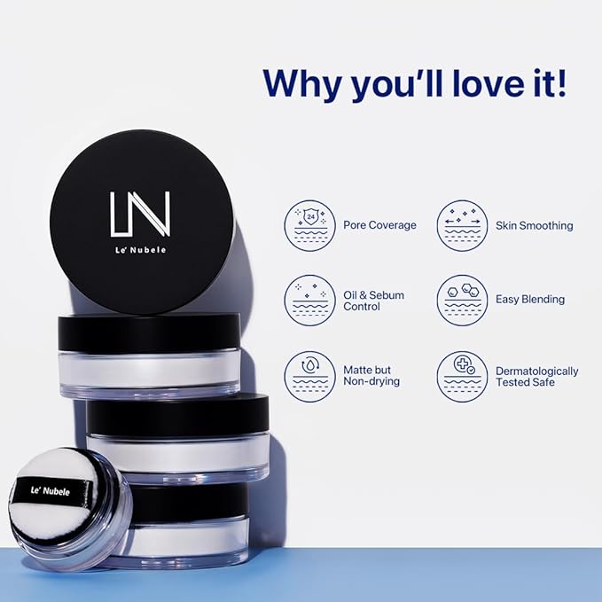 Le Nubele Azulene Face Cover Fixing Powder Mini Translucent Setting Powder for All Skin Types and Tones, Pore-Blurring, Matte Finish, Soft-Focus Technology, Korean Makeup, Travel Size 3g /0.10 oz.
